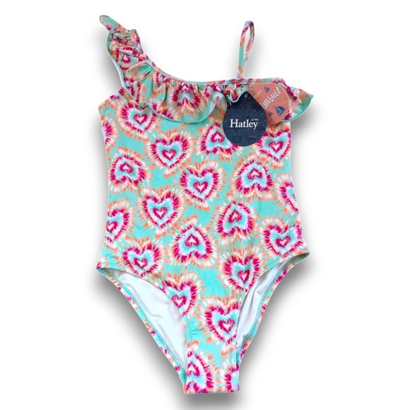 Hatley Other - NWT Hatley Swim Rainbow Tie Dye Glow Hearts 1 Piece Swimsuit Ruffle Trim Girls 8